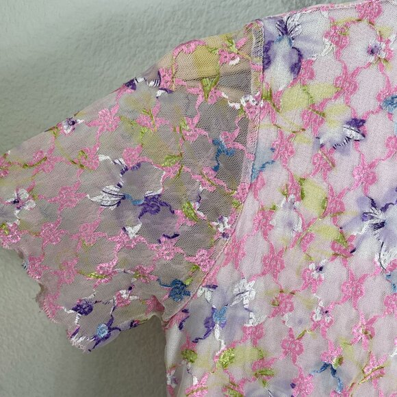 Y2K Womens XS Floral Mesh Short Sleeve V Neck Top Stretch Shirt Fairy Romantic - Picture 7 of 9